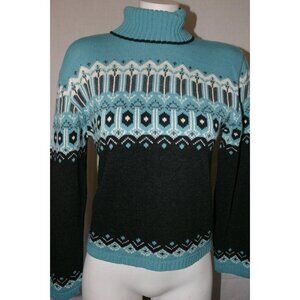 Its Our Time Womens Nordic Pattern Turtleneck Sweater Blue Black Knit Sz Medium